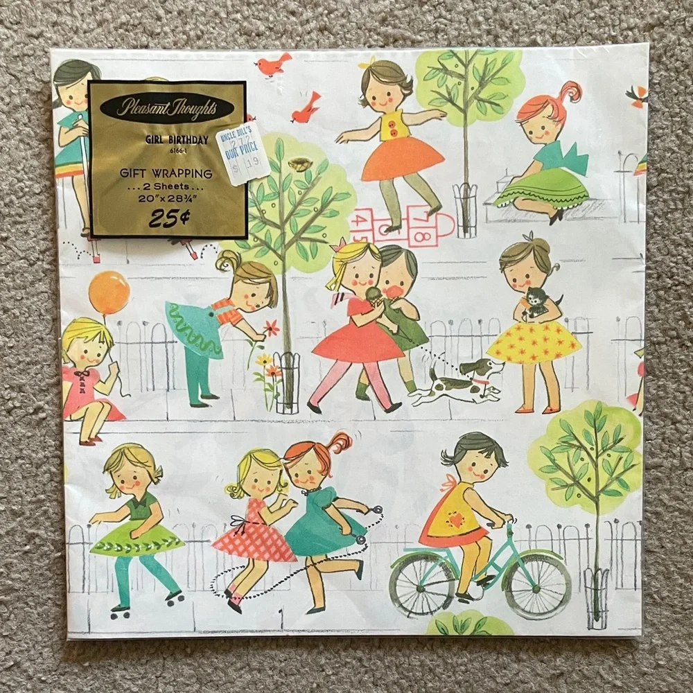 Vintage Pleasant Thoughts Girl Birthday Gift Wrapping - Two Sheets